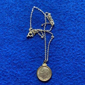 Vintage 1959 Silver Roosevelt Dime Necklace with fine silver tone chain